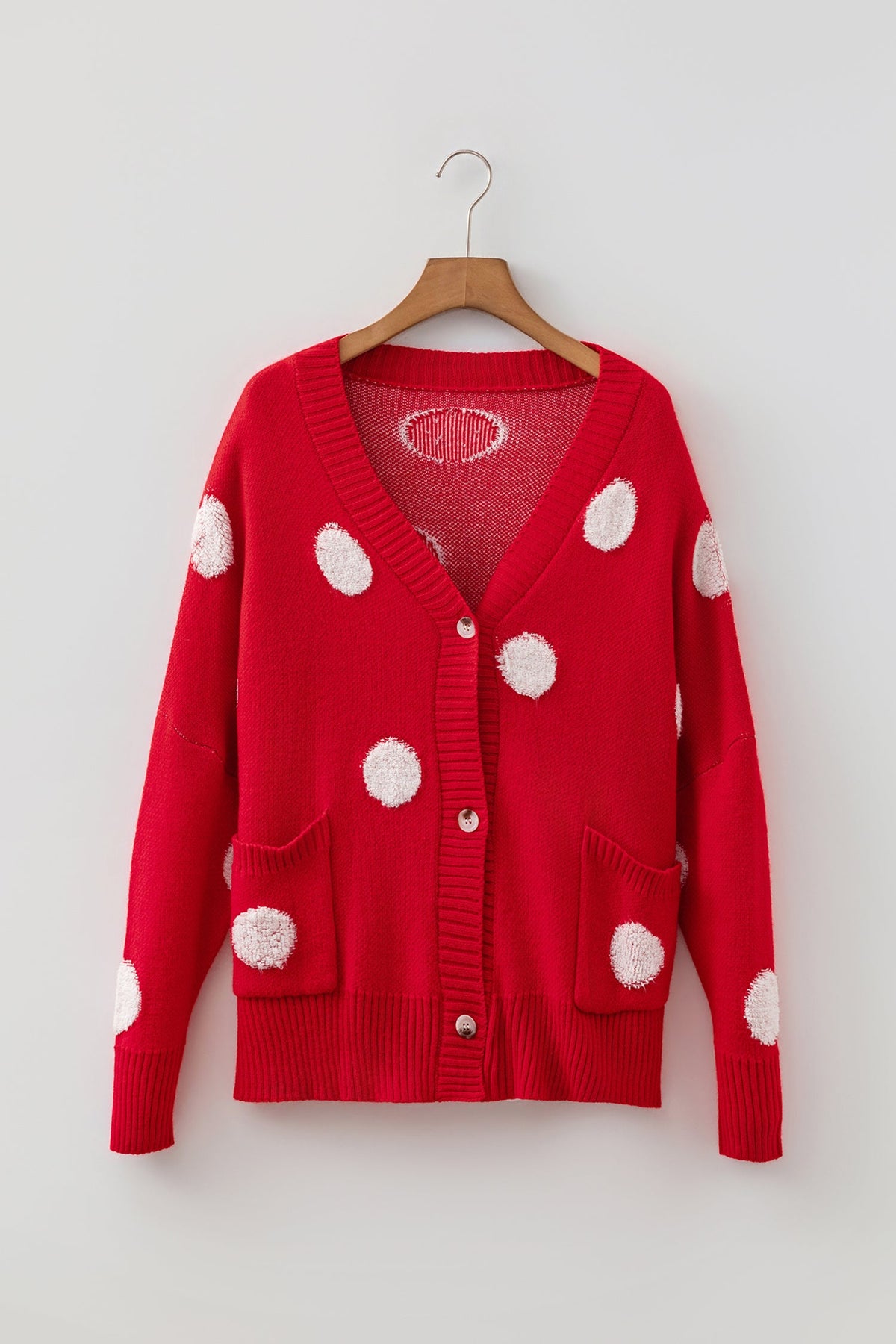 Beige Polka Dot Button Front Oversized V Neck Cardigan